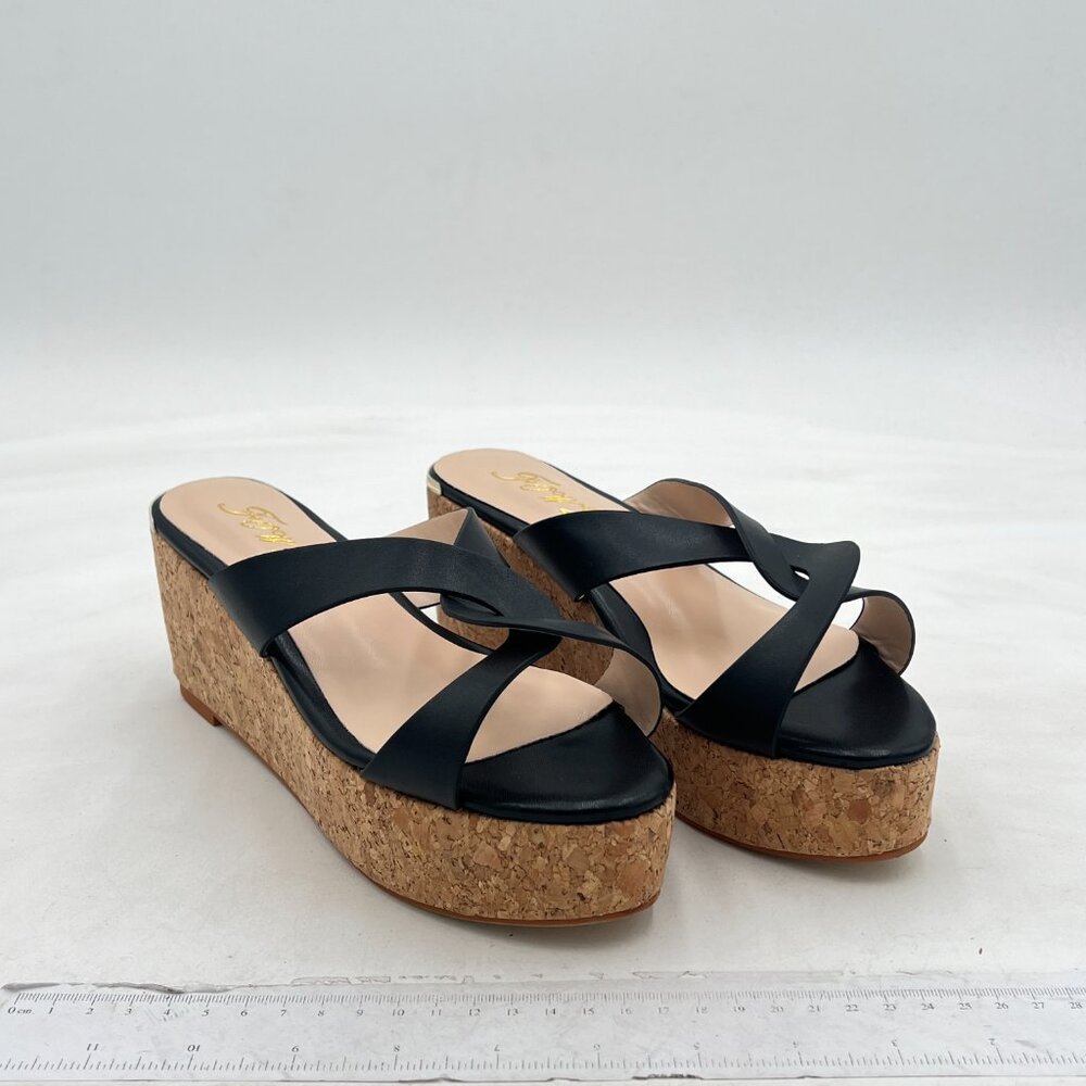 FOWT Fashion Almond Toe Cross Strap Slide Sandals Slip on Platform High Wedge H
